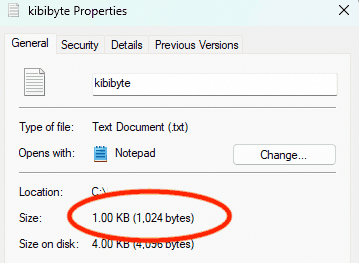 Windows 11 screenshot. Shows that 1024 bytes is "1.00 KB".