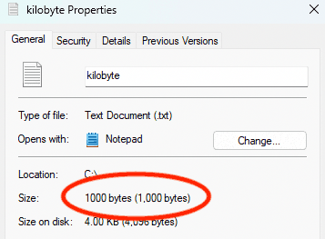 Windows 11 screenshot. Shows that 1000 bytes is "1000 bytes".